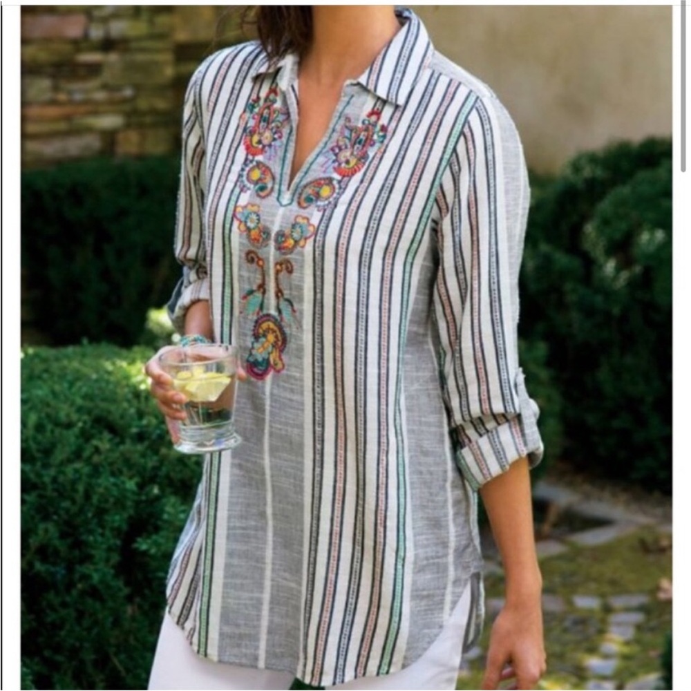๐ฃ4/$20 Soft Surroundings Aruba Tunic Pullover Shirt S Embroidered Striped